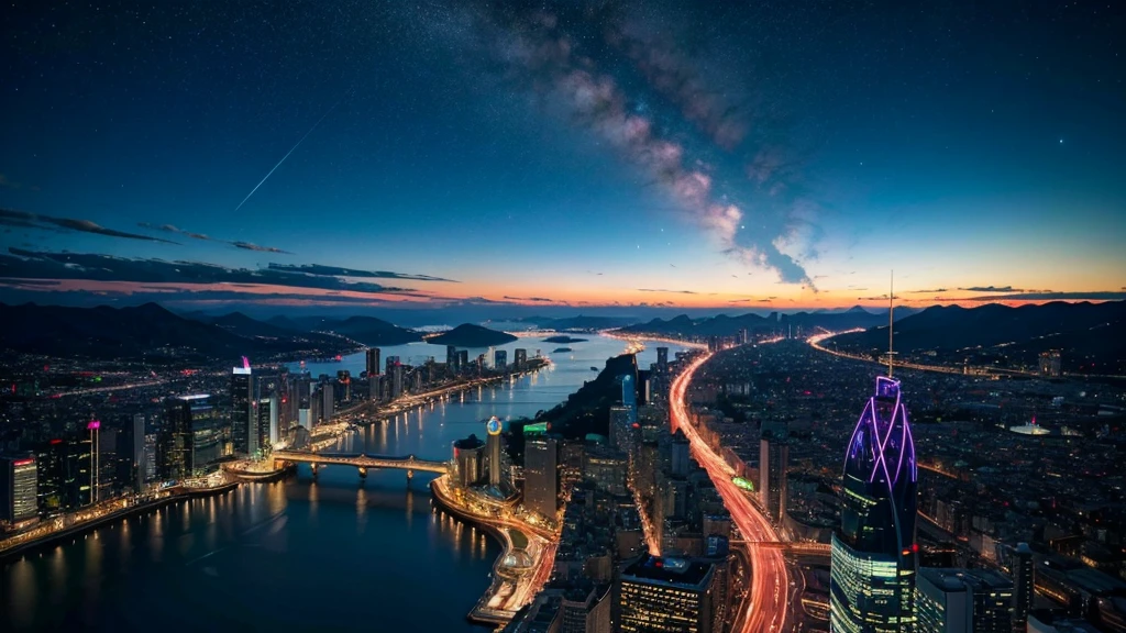 Wonderful landscape、Highest quality、Cityscape、Including sky、Starry Sky、night、Big Moon、Moonlit cityscape、building、There are no people, Makoto Shinkai's Worldview, 8K quality, Neon glows, Breathtakingly beautiful scenery,