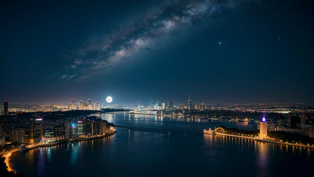 Wonderful landscape、Highest quality、Cityscape、Including sky、Starry Sky、night、Big Moon、Moonlit cityscape、building、There are no people, Makoto Shinkai's Worldview, 8K quality, Neon glows, Breathtakingly beautiful scenery,