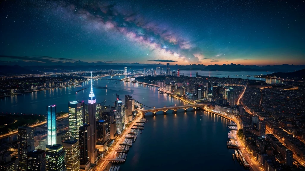 Wonderful landscape、Highest quality、Cityscape、Including sky、Starry Sky、night、Big Moon、Moonlit cityscape、building、There are no people,　Makoto Shinkai's Worldview, ８K quality, Neon glows, Breathtakingly beautiful scenery, 