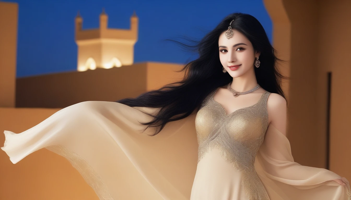 Beautiful woman in the Arabian Nights style。Dressed in gorgeous traditional Arabian attire。Background is desert and starry sky、View of an oasis in the distance。Wear exotic accessories、Long black hair swaying in the wind。Her eyes were deep brown.、Has a captivating smile。There was a magical light all around her.、It exudes a mysterious atmosphere、sexly、Erotic、chest、Big Breasts