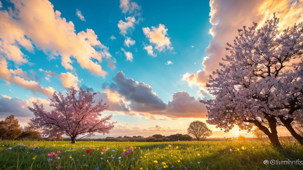 Under the expanse of blue sky, Vibrant flowers reach out towards the sun, Pink and white petals open. When the golden sun begins to rise、Fluffy clouds float leisurely in the background, Casting a warm glow on the tranquil landscape. This great photo is、It captures the essence of a serene morning., Where nature awakens in a symphony of color and light. Crisp and vivid details, Inviting viewers to immerse themselves in the beauty of the beginning of a new day.