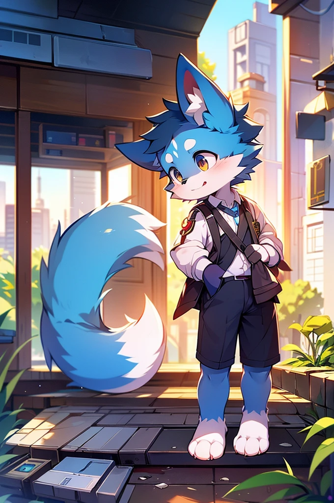 Blue fur, Canine, fox motif, boy, uniform,expensive,one person,Stand up on your own feet,Expensive,Cityscape,thin tail,