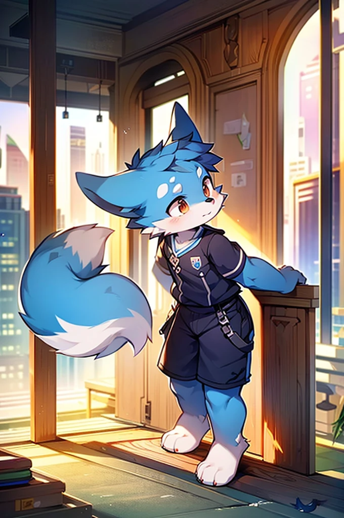 Blue fur, Canine, fox motif, boy, uniform,expensive，one person，Stand up on your own feet，Expensive，Cityscape，thin tail，