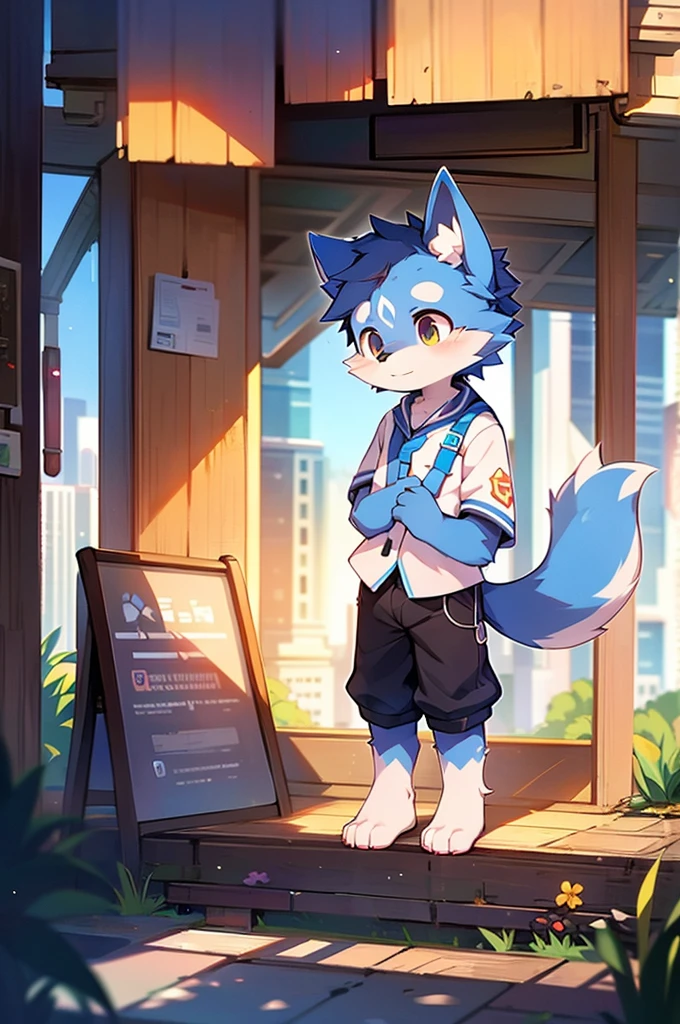 Blue fur, Canine, fox motif, boy, uniform,expensive，one person，Stand up on your own feet，Expensive，Cityscape，thin tail，