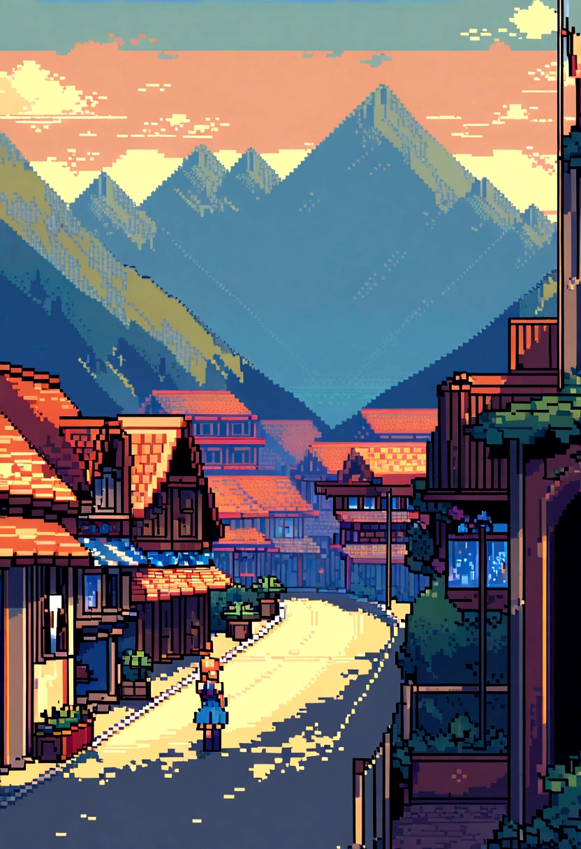 (Best Quality,high resolution), pixel art, vibrant colors, nostalgic atmosphere, Immersive gameplay, 8-bit graphics, pixel perfect controls, town surrounded by mountains