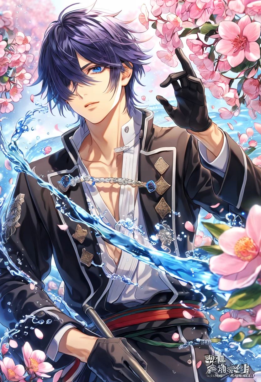 absurdres, highres, ultra detailed, HDR, master piece, best quality, Hajime Saitou, indigo hair, short hair, hair over the right eye, expressive blue eyes, Hakuouki, solo, sexy man, handsome, black military uniform, black gloves, water, fantasy, magical, shining, pink flowers, pink blossoms, pink petals