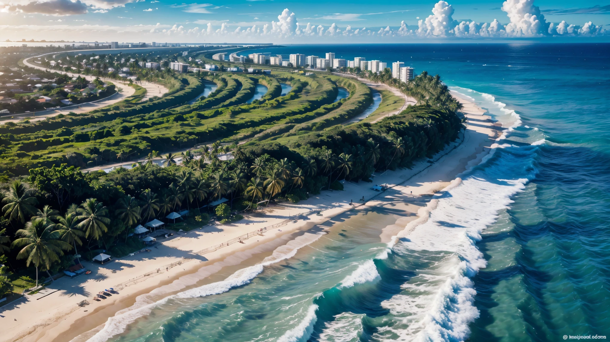 Seen from above, from a paradisiacal beach, many coconut trees, with big waves and surfers.