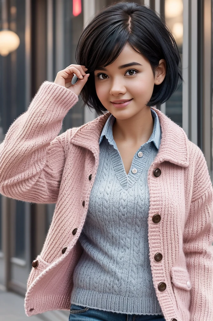Pixar style animated design of a girl with short black hair, brown eyes, a light pink jacket and knitting hooks in her hands