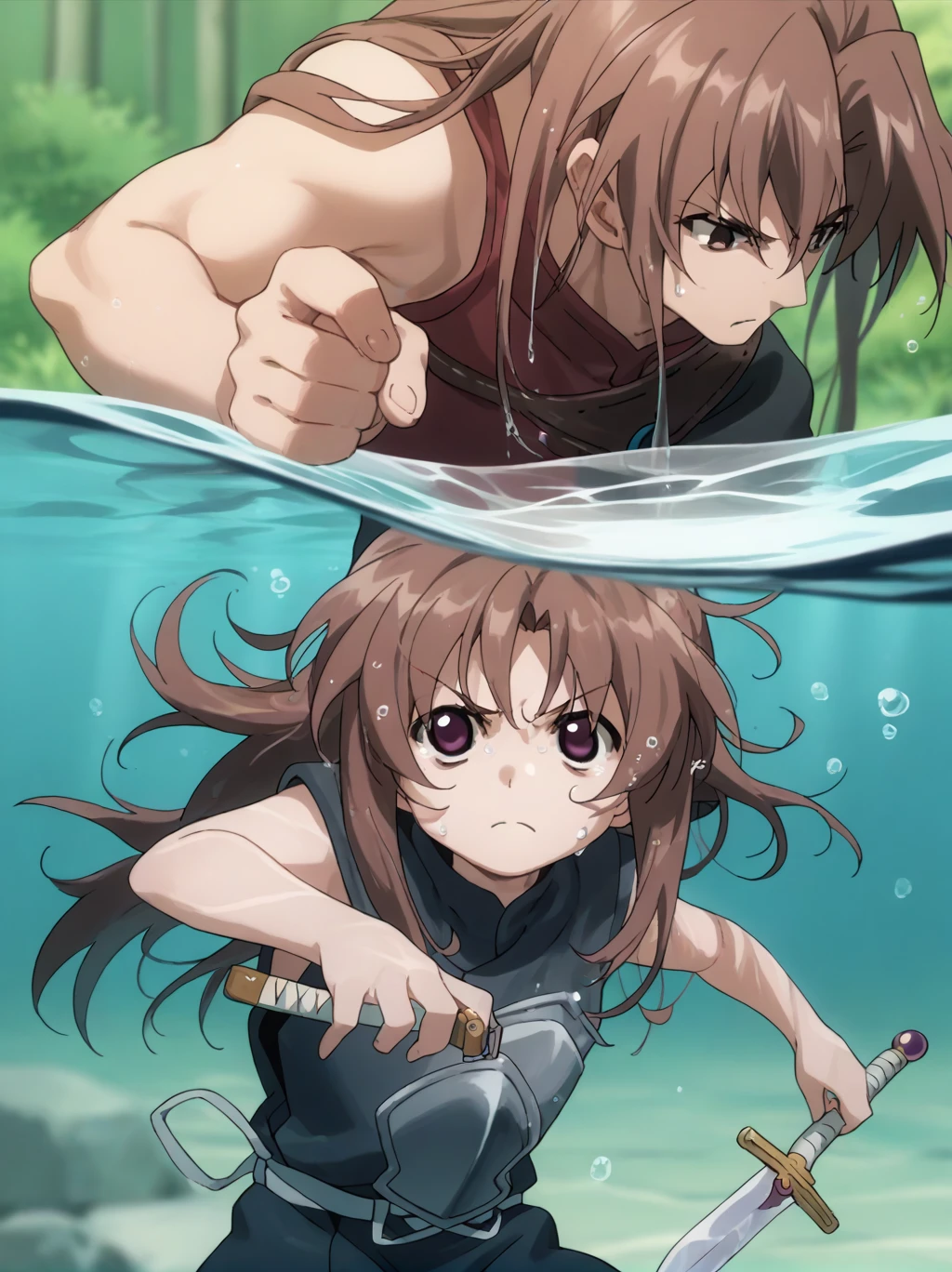 Partially underwater,最high quality,high quality, 4-year-old, , Long Hair, Brown Hair, Wet Hair, Blurred Edges,Flat Chest,Pitch-dark underground labyrinth,No light,Leather armor,Equipped with a dagger and a shield,Face above water,Body in water, Underwater Photography,The robe rolls up due to buoyancy,Painful face