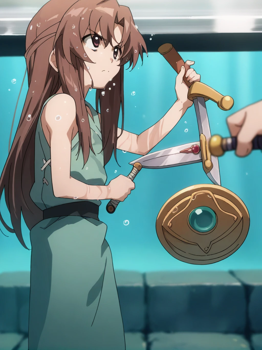 Partially underwater,最high quality,high quality, 4-year-old, , Long Hair, Brown Hair, Wet Hair,  Blurred Edges,Flat Chest,Pitch-dark underground labyrinth,No light,Leather armor,Equipped with a dagger and a shield,Face above water,Body in water, Underwater Photography,The robe rolls up due to buoyancy,Painful face