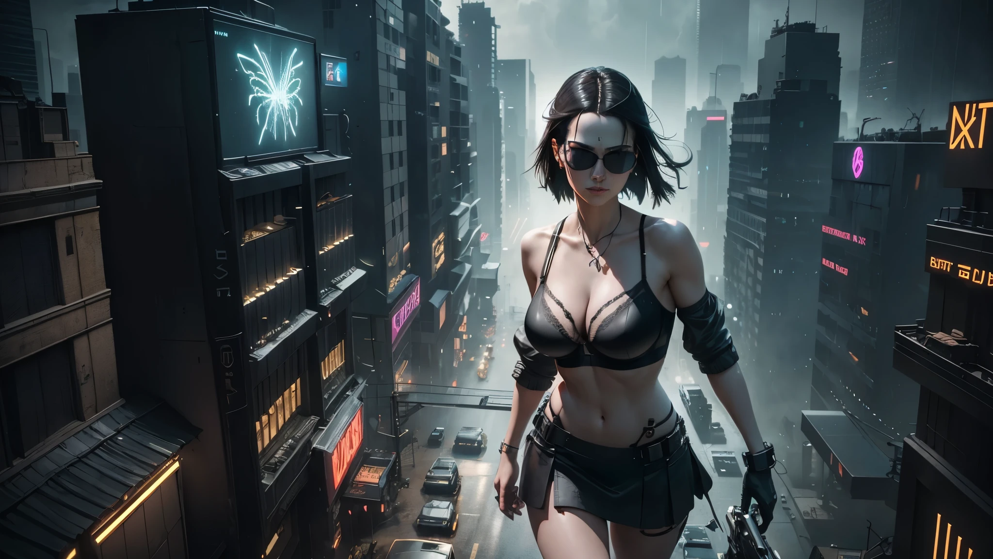 20-year old large-breast woman with cleavage:1.4, 1woman, solo, 3D neon art of a woman's body, (with low angle view), (((((matrix style black micro sunglasses, black bra and very short black miniskirt, white G-string panty))))), (((aiming with a short gun))), (looking at camera), aerial view of blade runner neon-noir city background, (((Matrix cascading code))), (((1drone alone above city))), perfect composition, beautiful detailed intricate insanely detailed octane render trending on artstation, 8K artistic photography, photorealistic concept art, soft natural volumetric cinematic perfect light, chiaroscuro, award-winning photograph, masterpiece, oil on canvas, Raphael, Caravaggio, Greg Rutkowski, Beeple, Beksinski, Giger