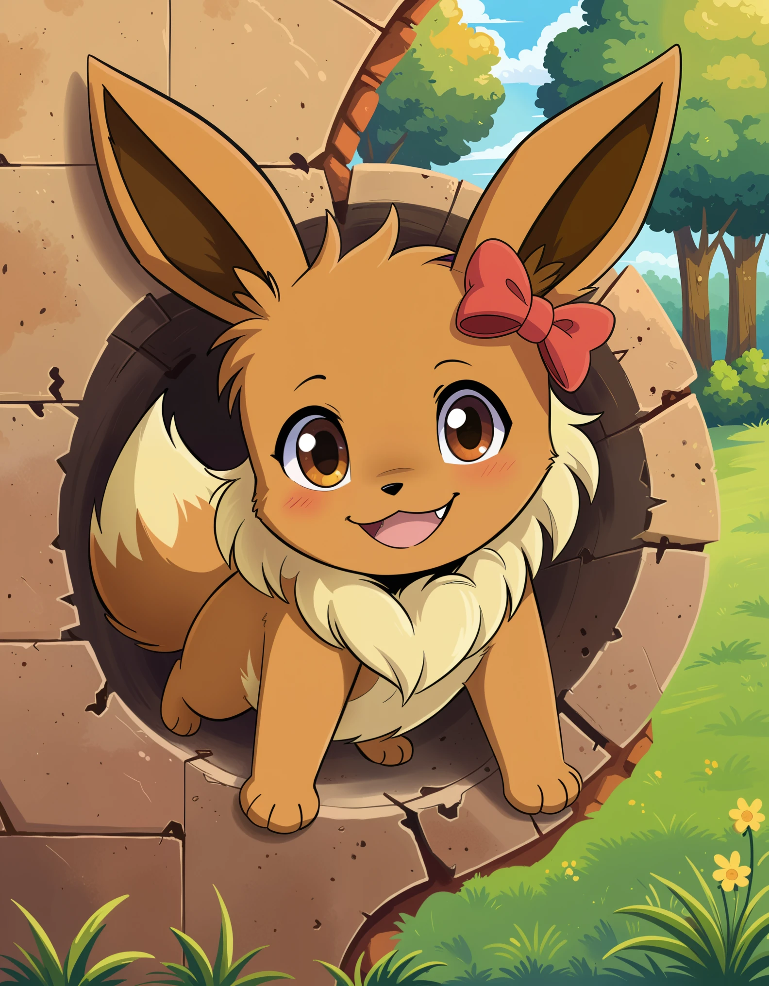 score_9, score_8_up, pokekid, eevee, fluffy girl, furry girl, female, smile, smiling, has a big pretty bow in her hair, has animal paws for hands, 1girl, best quality, outdoors, high definition, cute, stuck in wall