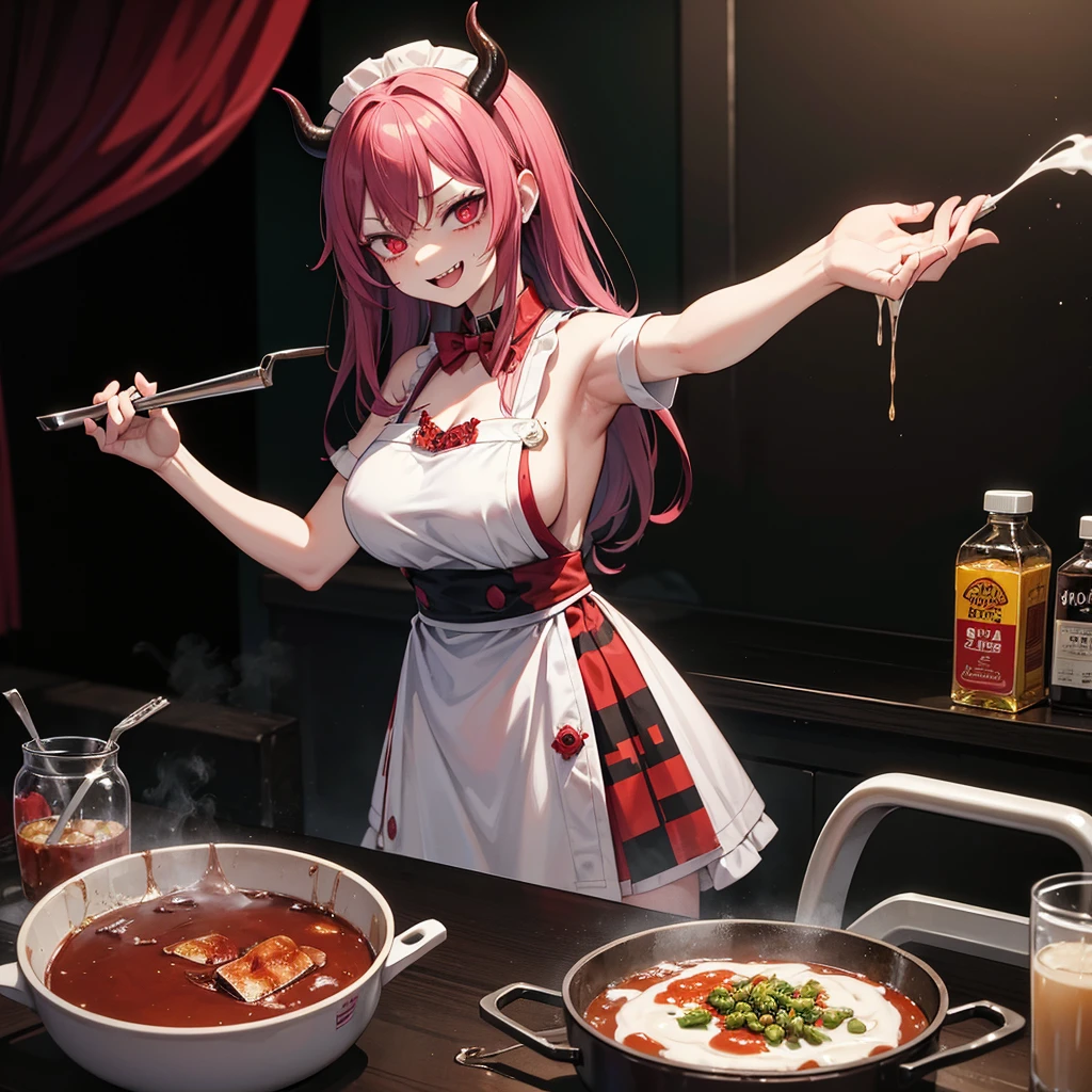 demon laughing and cooking the head of a young woman possessed by drugs, in a large pan, in the sauce several drug capsules and cigarette butts, a highly strong, macabre, and horror image,