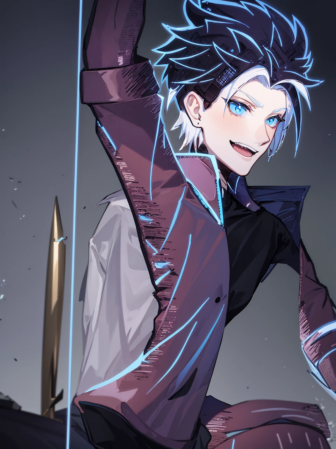 male boy, white jacket, defined body, white hair, 