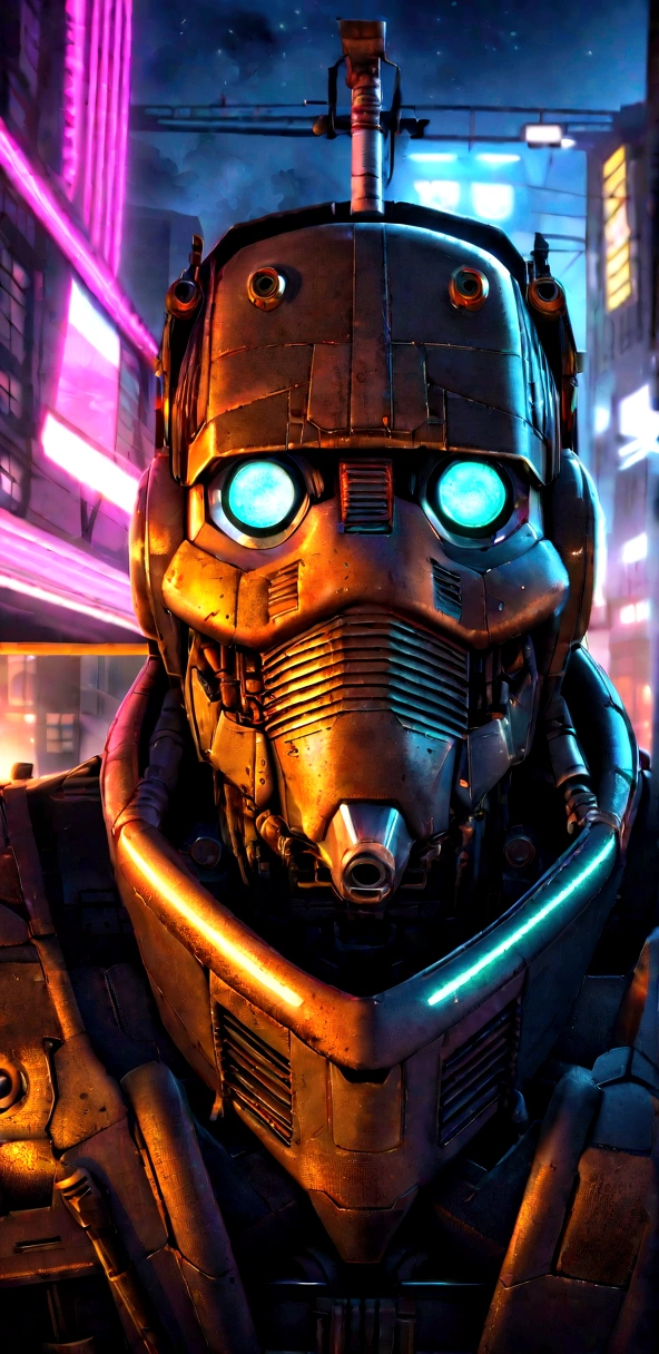 Hyper-realistic close-up of Thomas the Tank Engine as a cyberpunk robot train, Metal rust, Cyberpunk Robot Face, Cyborg Implants, Grease, abrasion, To the camera, looking at the camera, Train smoke, at night, Cyberpunk city background, Dark Sky, Extreme light detail, Neon Light, Electronic components