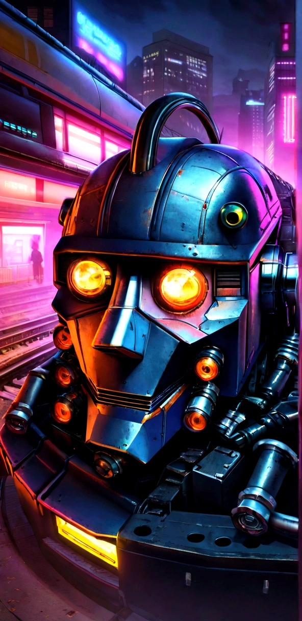 Hyper-realistic close-up of Thomas the Tank Engine as a cyberpunk robot train,  Metal rust, Cyberpunk Robot Face,  Cyborg Implants, Grease, abrasion, To the camera, looking at the camera,  Train smoke, at night, Cyberpunk city background, Dark Sky, Extreme light detail, Neon Light, Electronic components 