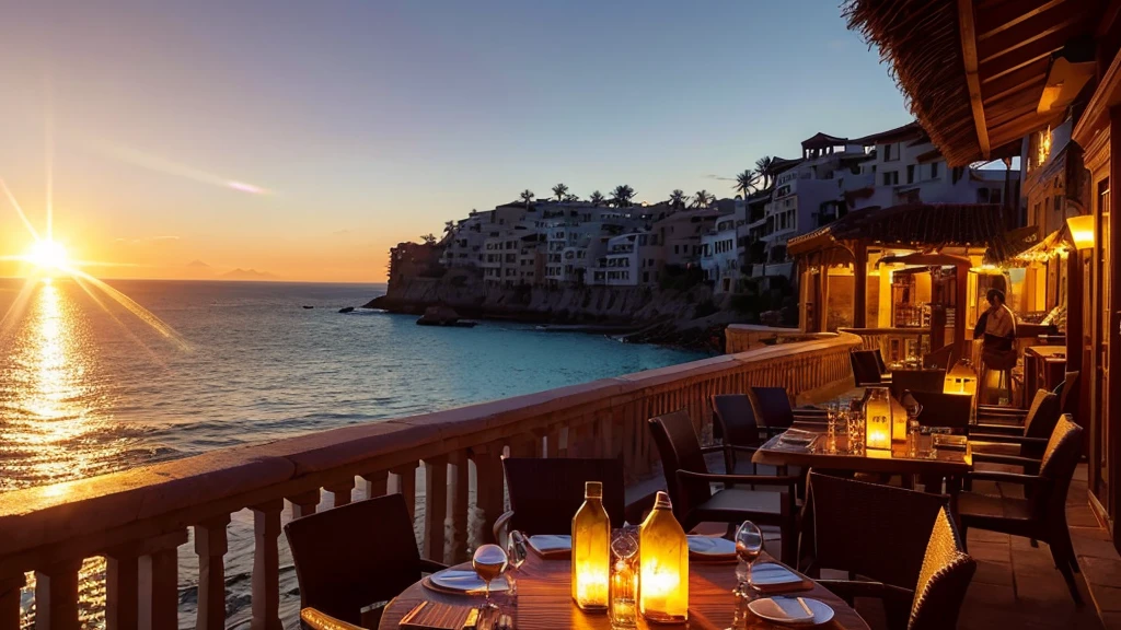 ancient city at dusk, Ancient city by the sea, Cafe Terrace, Amazing sunset, The sea in the background, Cocktails on a table reflected in the sunset, (Lens flare: 1.3)