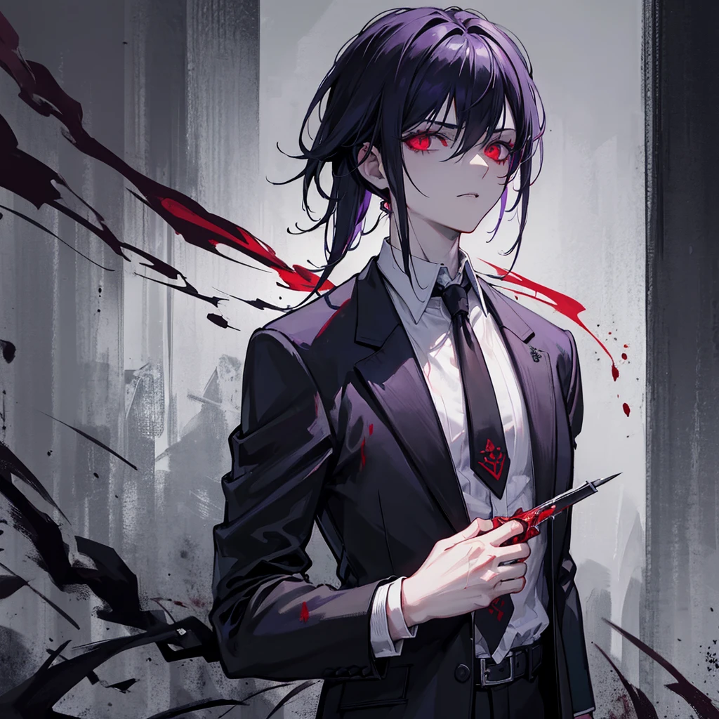 a psychopathic boy with a mullet haircut, wearing a suit, holding a bloody knife, slightly covered in blood, black hair with purple tips, red eyes, exhaling cigarette smoke, sensual, torso, hyperrealistic, dark art, cinematic lighting, moody atmosphere, dramatic shadows, high contrast, muted colors, horror, sinister, evil