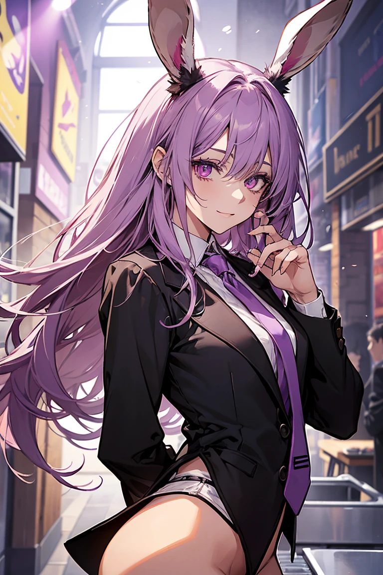 1 half naked female, maestro, wearing a black suit, light purple tie, sin shorts, you can see his naked ass, Thick, light purple hair, wide, light purple rabbit ears, light red eyes, face to detail, detailed eyes, the background is a pizzeria, happy, playing a red guitar.