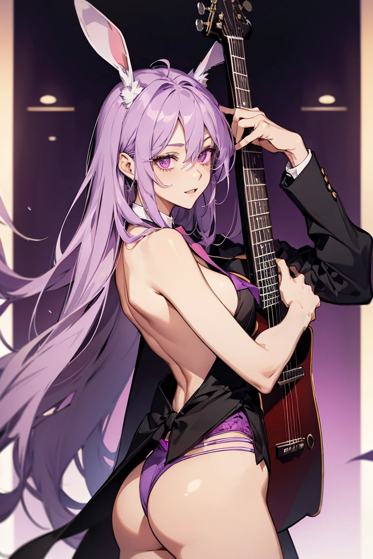 1 half naked female, maestro, wearing a black suit, light purple tie, sin shorts, you can see his naked ass, Thick, light purple hair, wide, light purple rabbit ears, light red eyes, face to detail, detailed eyes, the background is a pizzeria, happy, playing a red guitar.