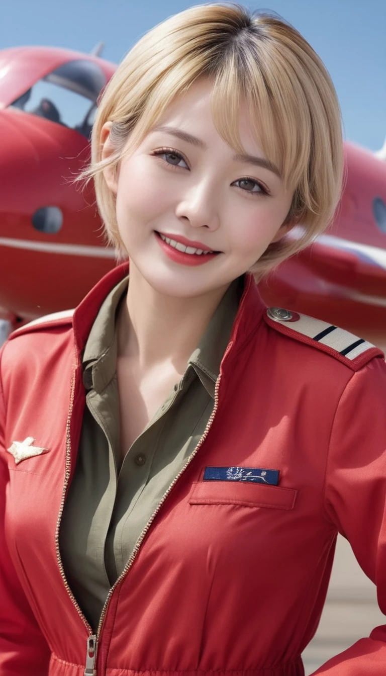 (Hyper Real)、将来のFemale pilot、
Huge Beautiful woman High resolution High resolution Realistic short hair blonde、 blondeの女性、Mature Woman、Middle-aged women、Delicate skin texture、超High resolution、Realistic、Chubby body type、Beautiful smile、Middle-aged beauty、Beautiful expression、Fluffy golden hair、非常に繊細でDelicate skin texture、35old woman、Female pilot 、Red lips、((Wear a red flight suit))、(((alone)))、