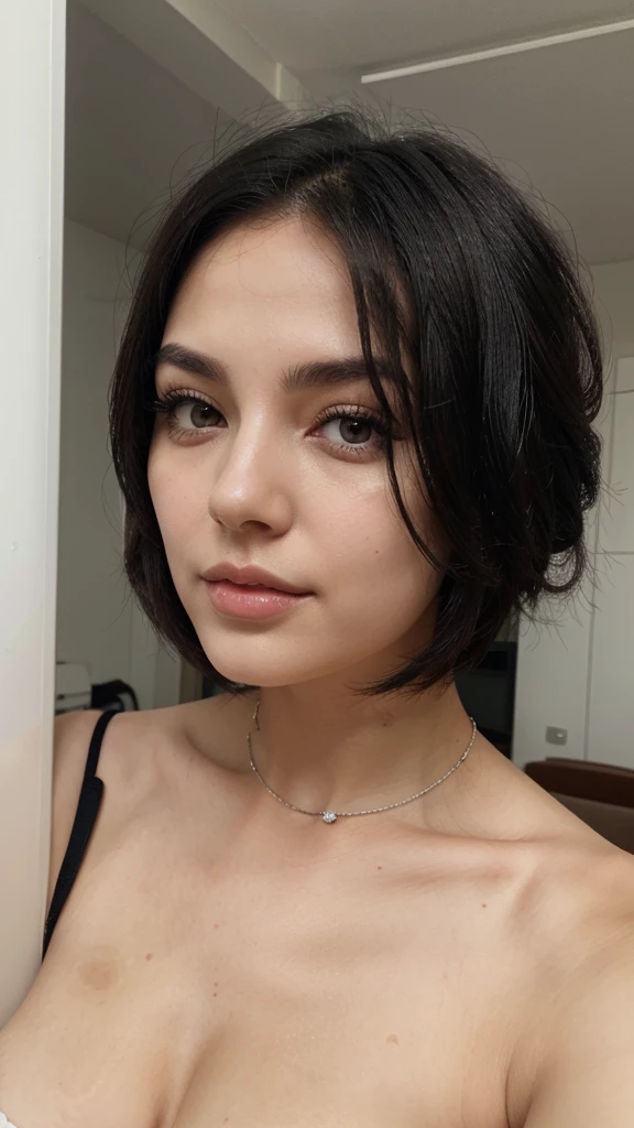 black-haired woman with white skin and piercing on her right eyebrow