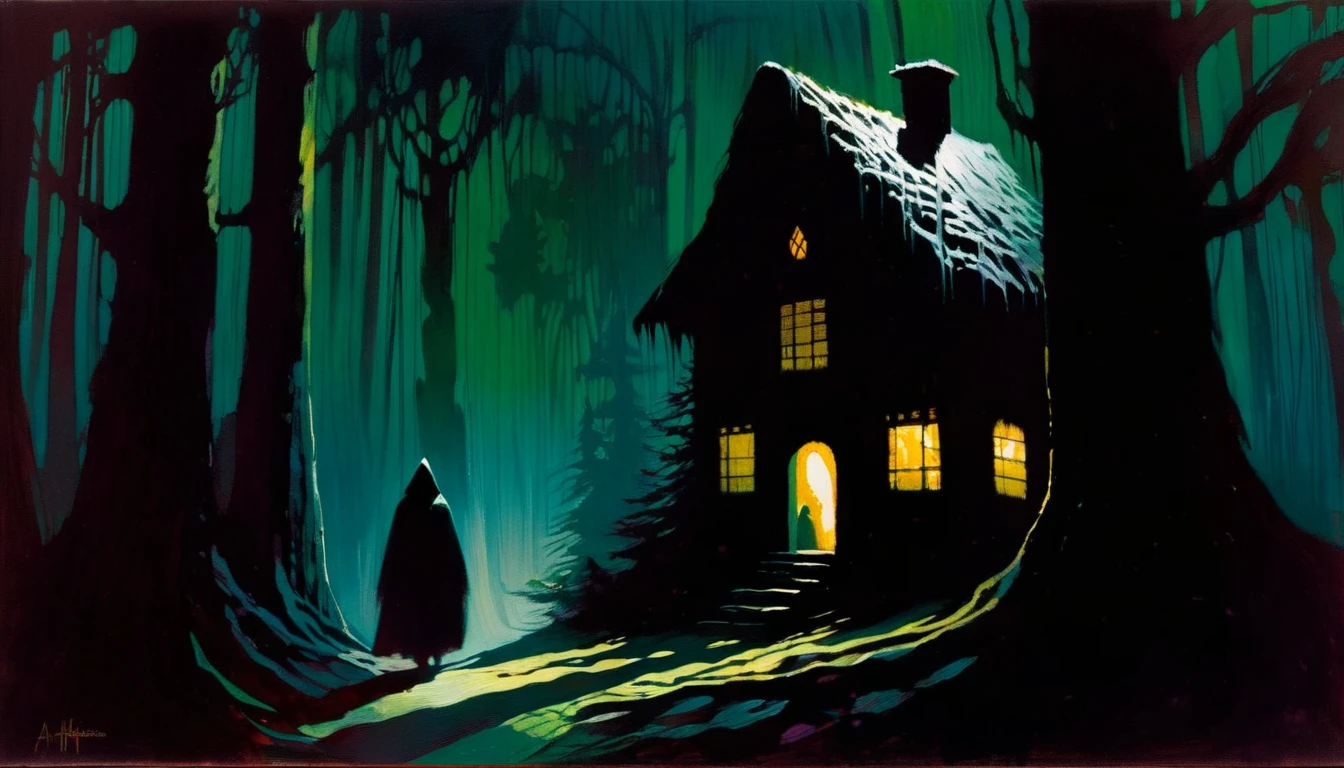 A dark, haunting forest with a gingerbread house in the distance, a shadowy figure lurking in the trees, and a sense of impending danger, (Art inspired by Bill Sienkiewicz). oil)