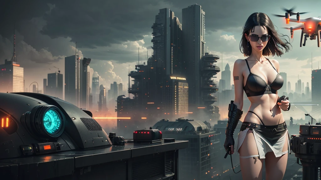 20-year old large-breast woman with cleavage:1.4, 1woman, solo, 3D neon art of a woman's body, (with low angle view), (((((matrix style black micro sunglasses, black bra and very short black miniskirt, white G-string panty))))), (((aiming with a short gun))), (looking at camera), aerial view of blade runner neon-noir city background, (((Matrix cascading code))), (((1drone alone above city))), perfect composition, beautiful detailed intricate insanely detailed octane render trending on artstation, 8K artistic photography, photorealistic concept art, soft natural volumetric cinematic perfect light, chiaroscuro, award-winning photograph, masterpiece, oil on canvas, Raphael, Caravaggio, Greg Rutkowski, Beeple, Beksinski, Giger