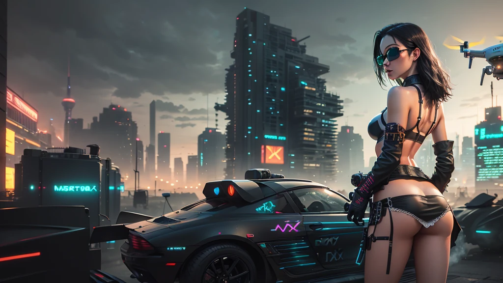 20-year old large-breast woman with cleavage:1.4, 1woman, solo, 3D neon art of a woman's body, (with low angle view), (((((matrix style black micro sunglasses, black bra and very short black miniskirt, white G-string panty))))), (((aiming with a short gun))), (looking at camera), aerial view of blade runner neon-noir city background, (((Matrix cascading code))), (((1drone alone above city))), perfect composition, beautiful detailed intricate insanely detailed octane render trending on artstation, 8K artistic photography, photorealistic concept art, soft natural volumetric cinematic perfect light, chiaroscuro, award-winning photograph, masterpiece, oil on canvas, Raphael, Caravaggio, Greg Rutkowski, Beeple, Beksinski, Giger