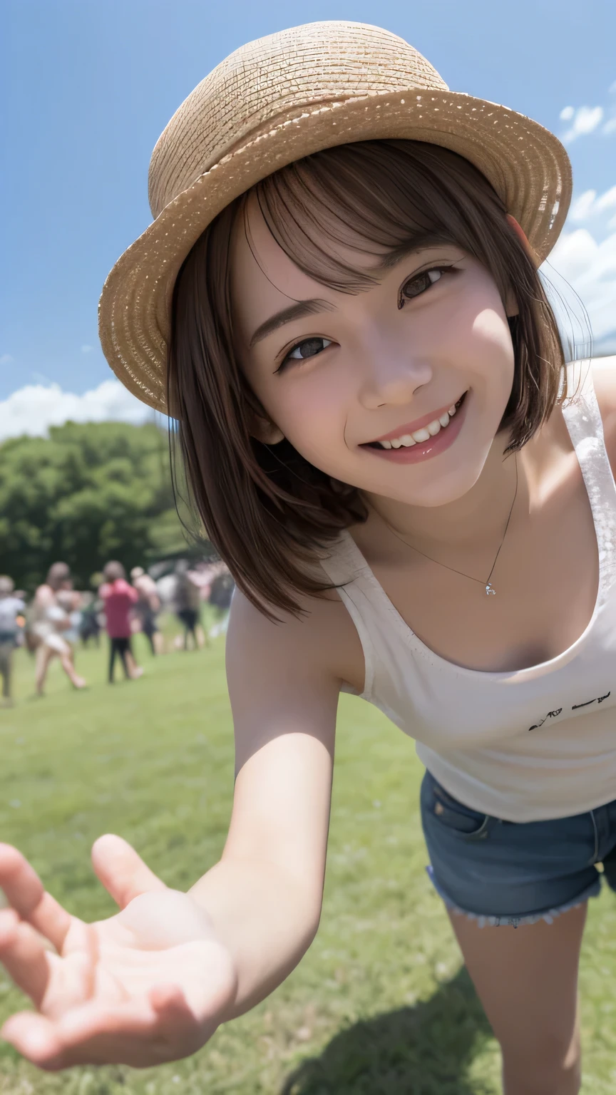 closeup shot , Best picture quality (8K, high resolution, Masterpiece: 1.2), super detailed, 215 Short Hair, woman,
situation: A scene of people enjoying kite flying while having a picnic。
clothing: casual outdoor wear(T-Shirts、Shorts、sneakers)、Hats and sunglasses。
angle:
Close-up: The hands pulling the kite strings、A detailed shot of a smiling face looking up at a kite。
Detailed depiction: Lunch spread out on a picnic sheet、They are helping each other fly the kites.。
Emotional moment: The cheers of the moment the kite soared high、Emphasize the scene where they are laughing together。
, Close-up of face
, random cute pose ,big eyes ,Puffy eyes eart Pupil, blush , huge shy smile , salute