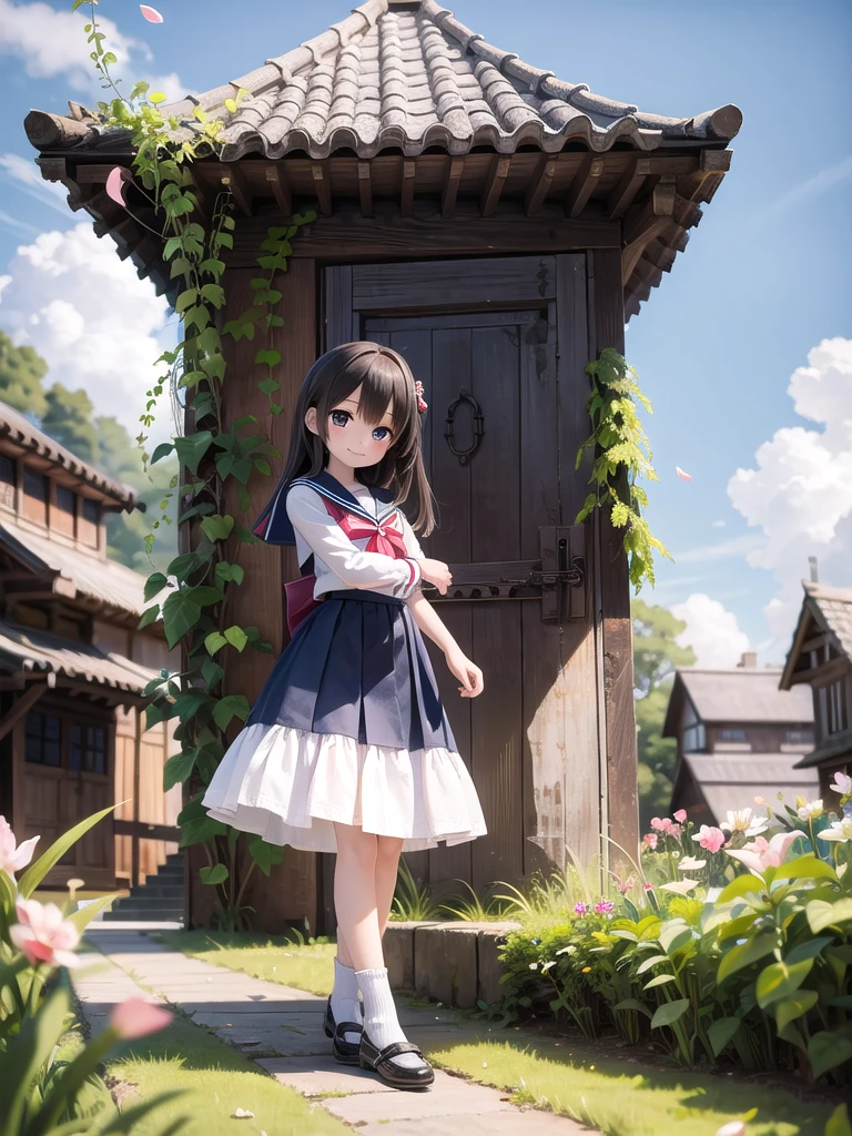 (masterpiece), town, blue sky, One Girl, smile, alone, Sailor suit、Long skirt, Overgrown, petal, plant、Skirt lining、Translucent slip、Nostalgic