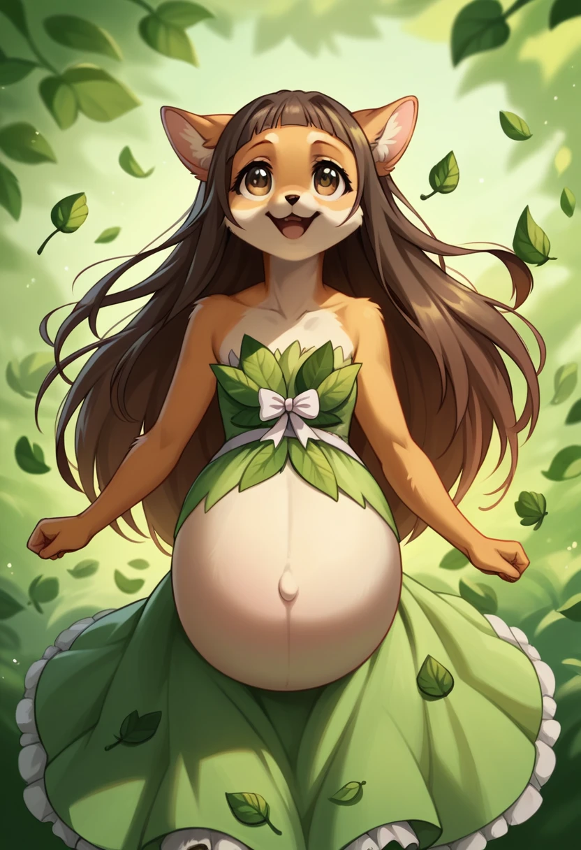 by woolrool,,, Yui furry, detailed and extremely fluffy body fur, fluff, masterpiece, looking up beautiful surroundings, detailed background, happy, leaf-dress, short stature, anthro, hyper-pregnant 