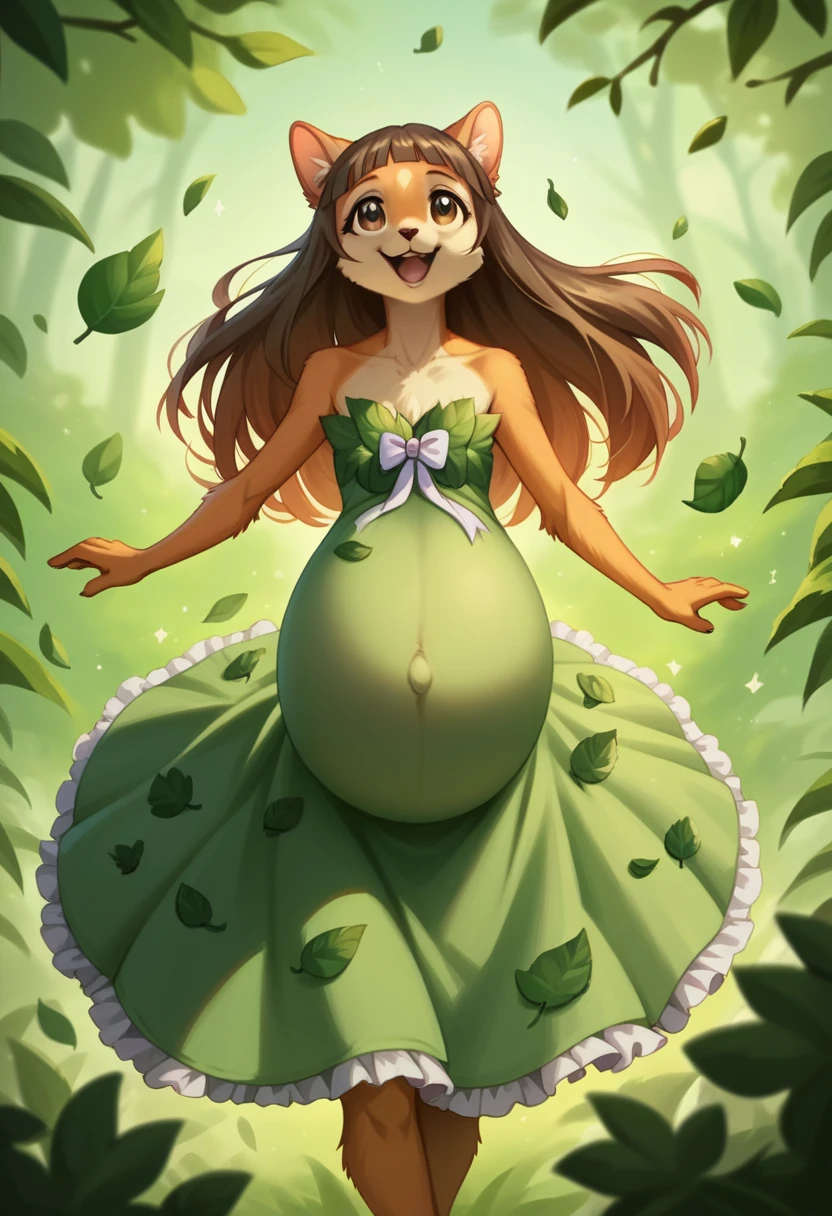 by woolrool,,, Yui furry, detailed and extremely fluffy body fur, fluff, masterpiece, looking up beautiful surroundings, detailed background, happy, leaf-dress, short stature, anthro, hyper-pregnant 