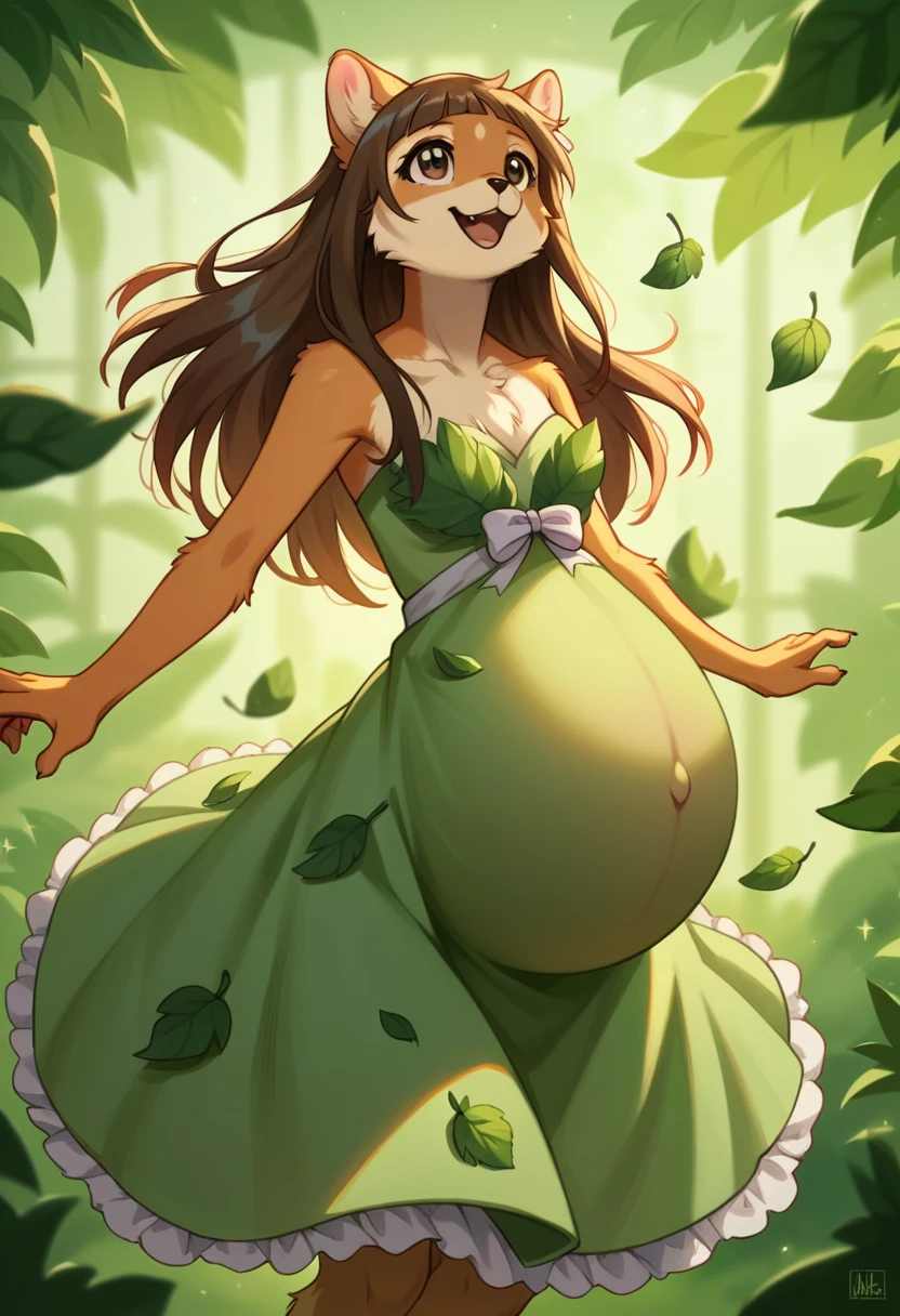 by woolrool,,, Yui furry, detailed and extremely fluffy body fur, fluff, masterpiece, looking up beautiful surroundings, detailed background, happy, leaf-dress, short stature, anthro, hyper-pregnant 