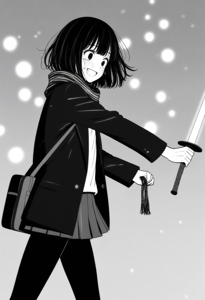 masterpiece, best quality, 1girl, mamerakkkkko, grayscale, manga style, japanese, chi no wadachi, black eyes, street, iced, black hair, schoolbag, smile, lineart, black coat, black scarf, black pleated skirt, leggings, centered, 18 years old, tall, fair skinned, bokeh background, crying, tears, tears streaming, bob cut, light particles, snowing, (((holding sword:1.1, perfect hand, detailed hand:1.1)), emotional anime scene