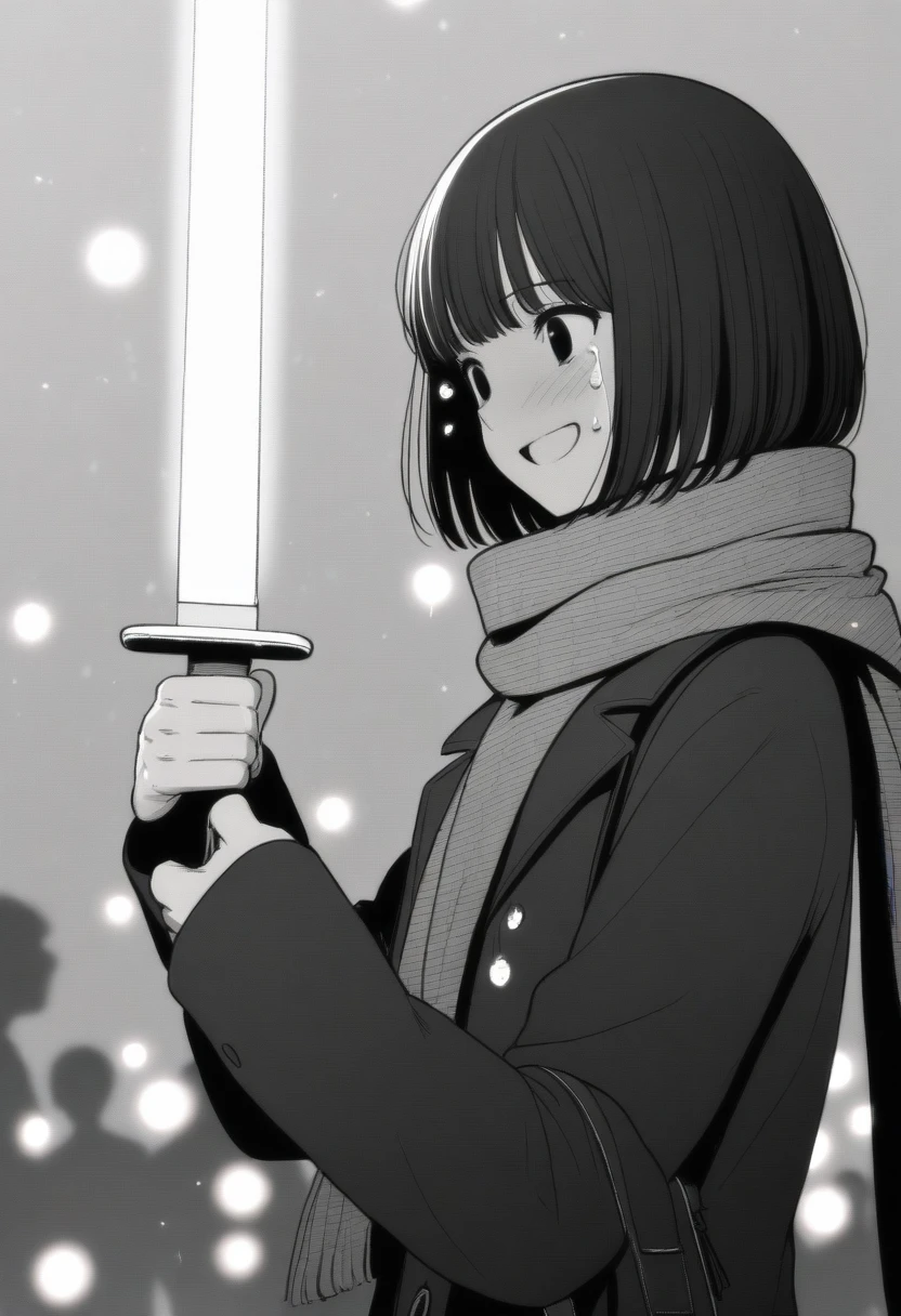 masterpiece, best quality, 1girl, mamerakkkkko, grayscale, manga style, japanese, chi no wadachi, black eyes, street, iced, black hair, schoolbag, smile, lineart, black coat, black scarf, black pleated skirt, leggings, centered, 18 years old, tall, fair skinned, bokeh background, crying, tears, tears streaming, bob cut, light particles, snowing, (((holding sword:1.1, perfect hand, detailed hand:1.1)), emotional anime scene