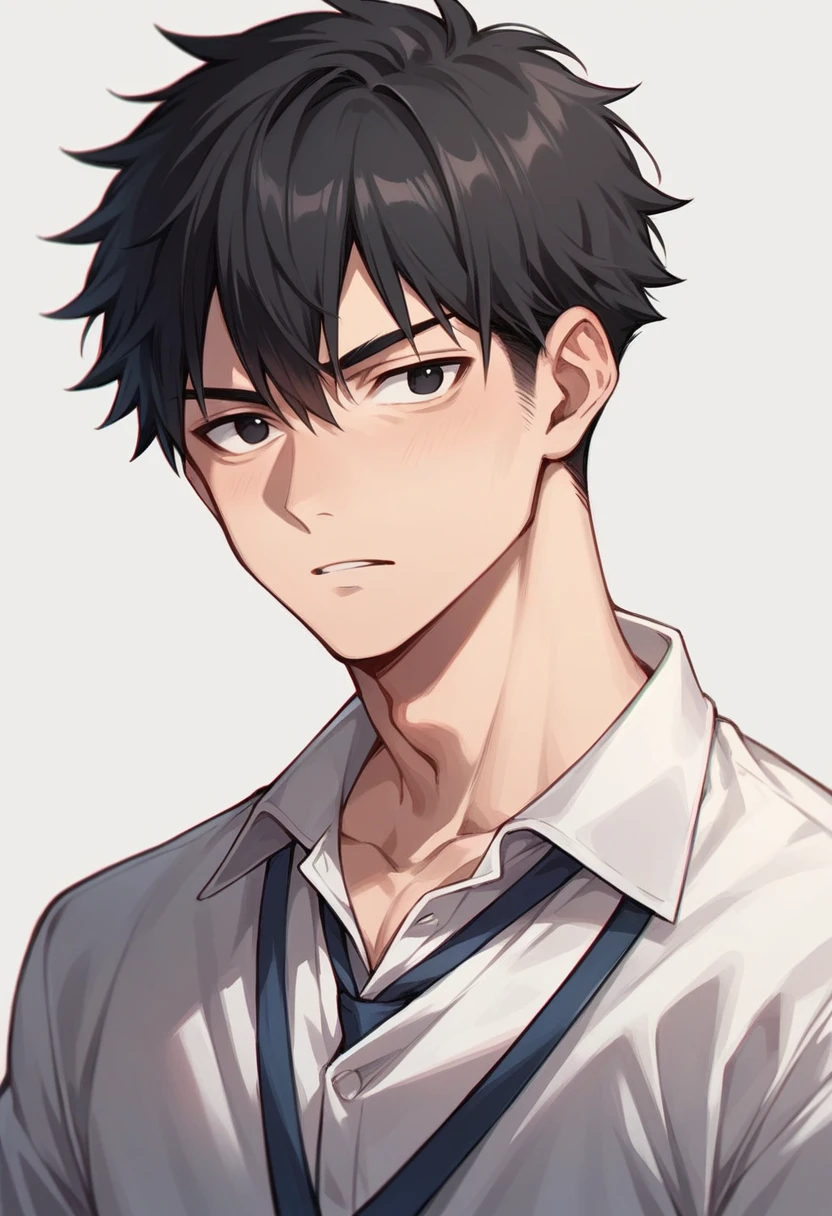 Portrait of a male face, black eyes and dull look, short black hair, student clothes manga version 