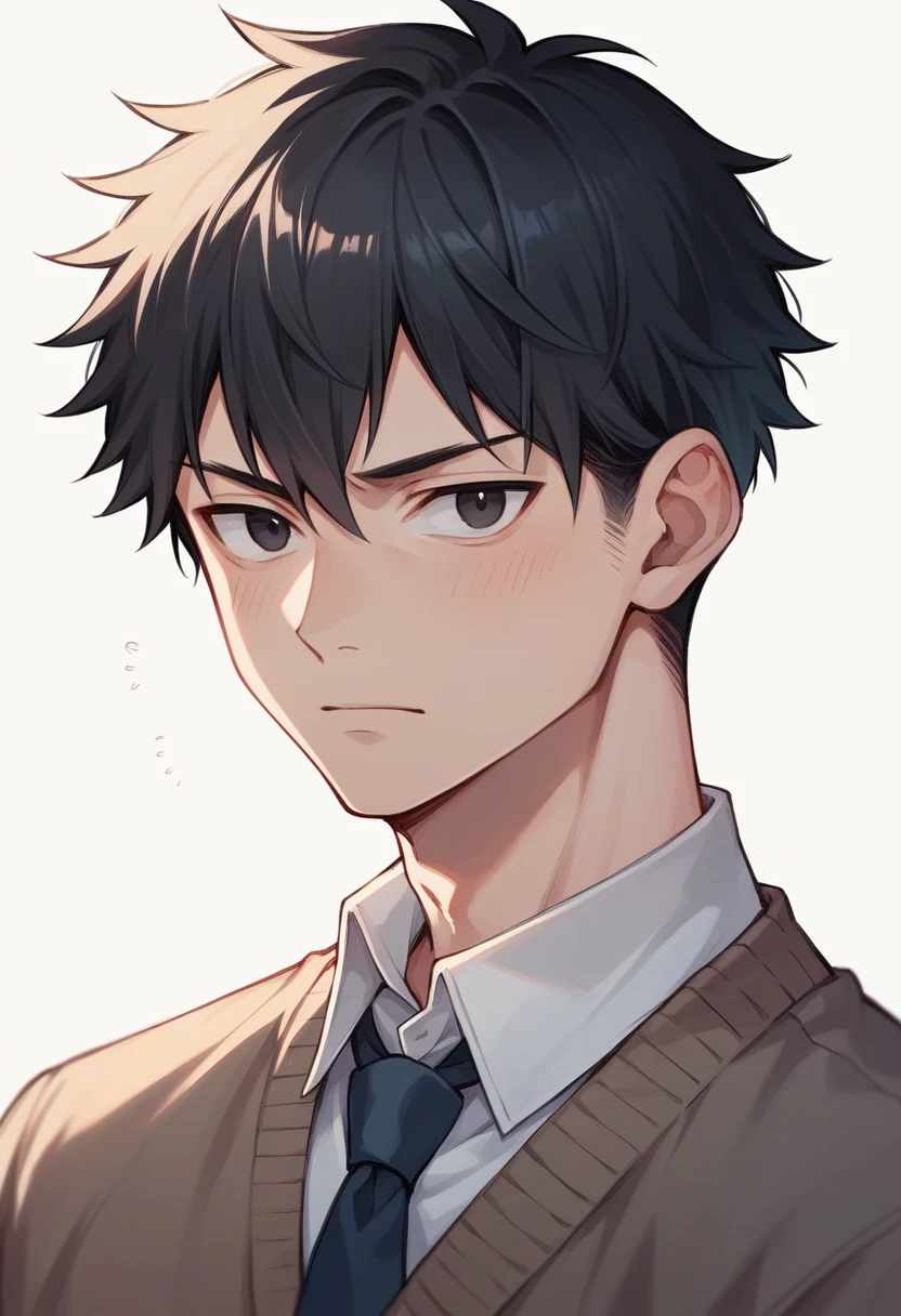 Portrait of a male face, black eyes and dull look, short black hair, student clothes manga version 