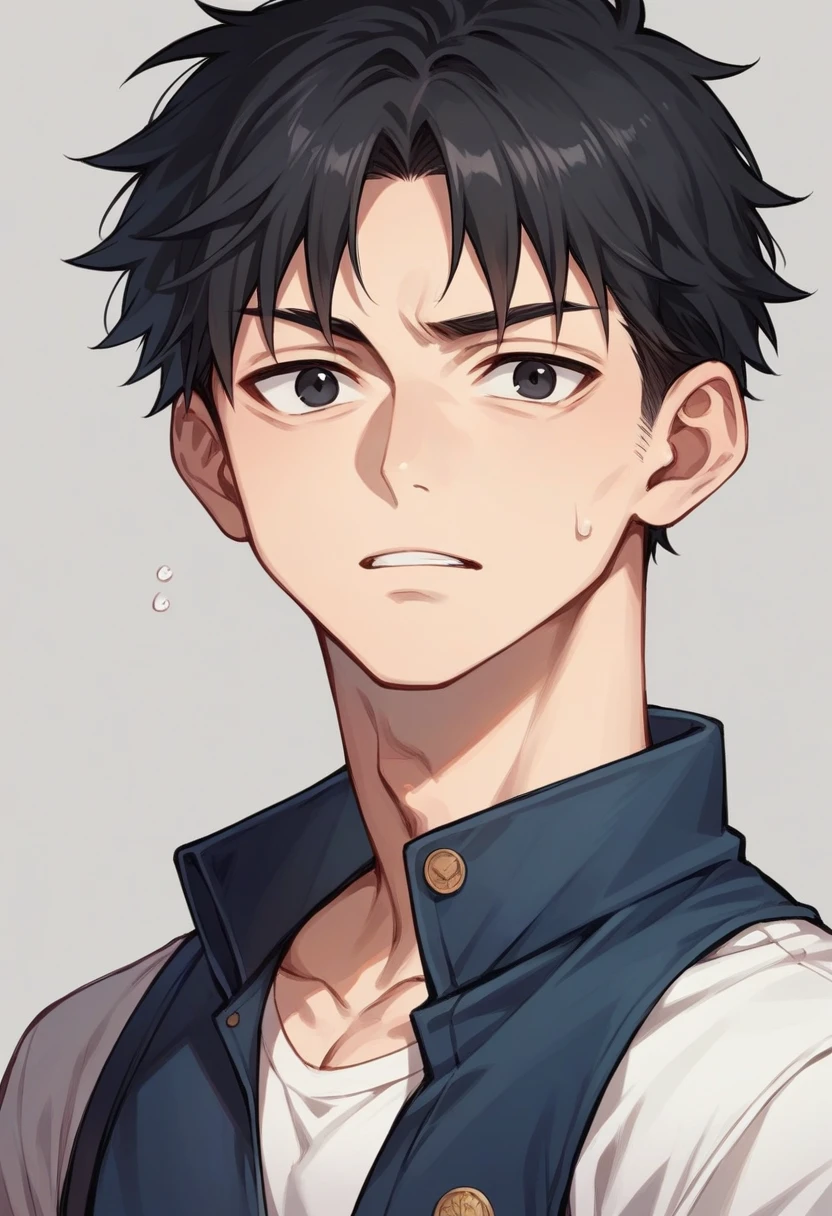 Portrait of a male face, black eyes and dull look, short black hair, student clothes manga version 