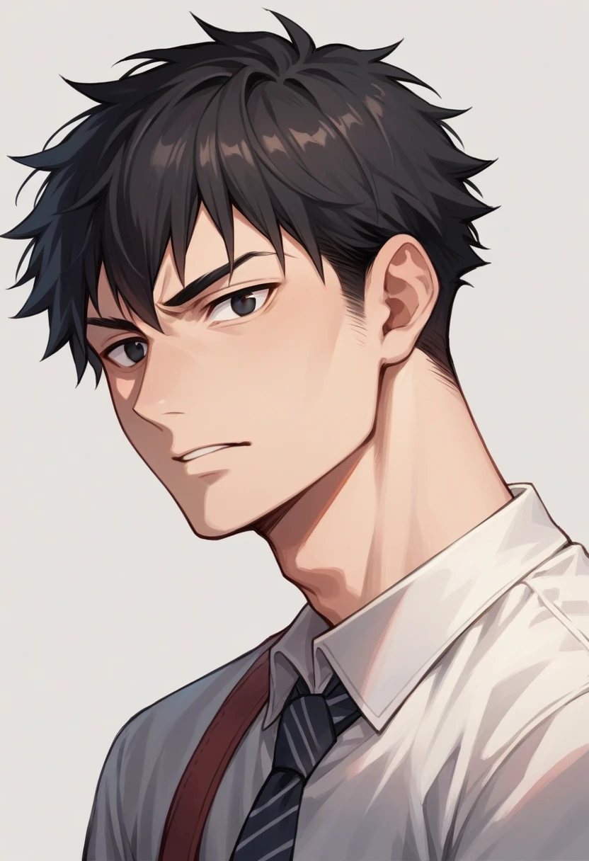 Portrait of a male face, black eyes and dull look, short black hair, student clothes manga version 