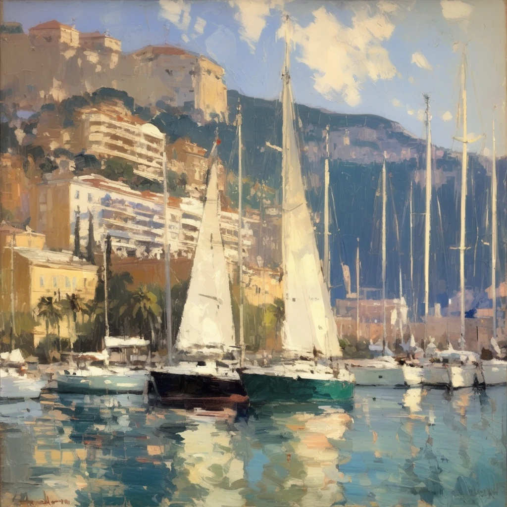 Konstantin Korovin Style - oil painting of a beautiful yacht haven in monaco. Muted colors. Artwork by Abbott Handerson Thayer.