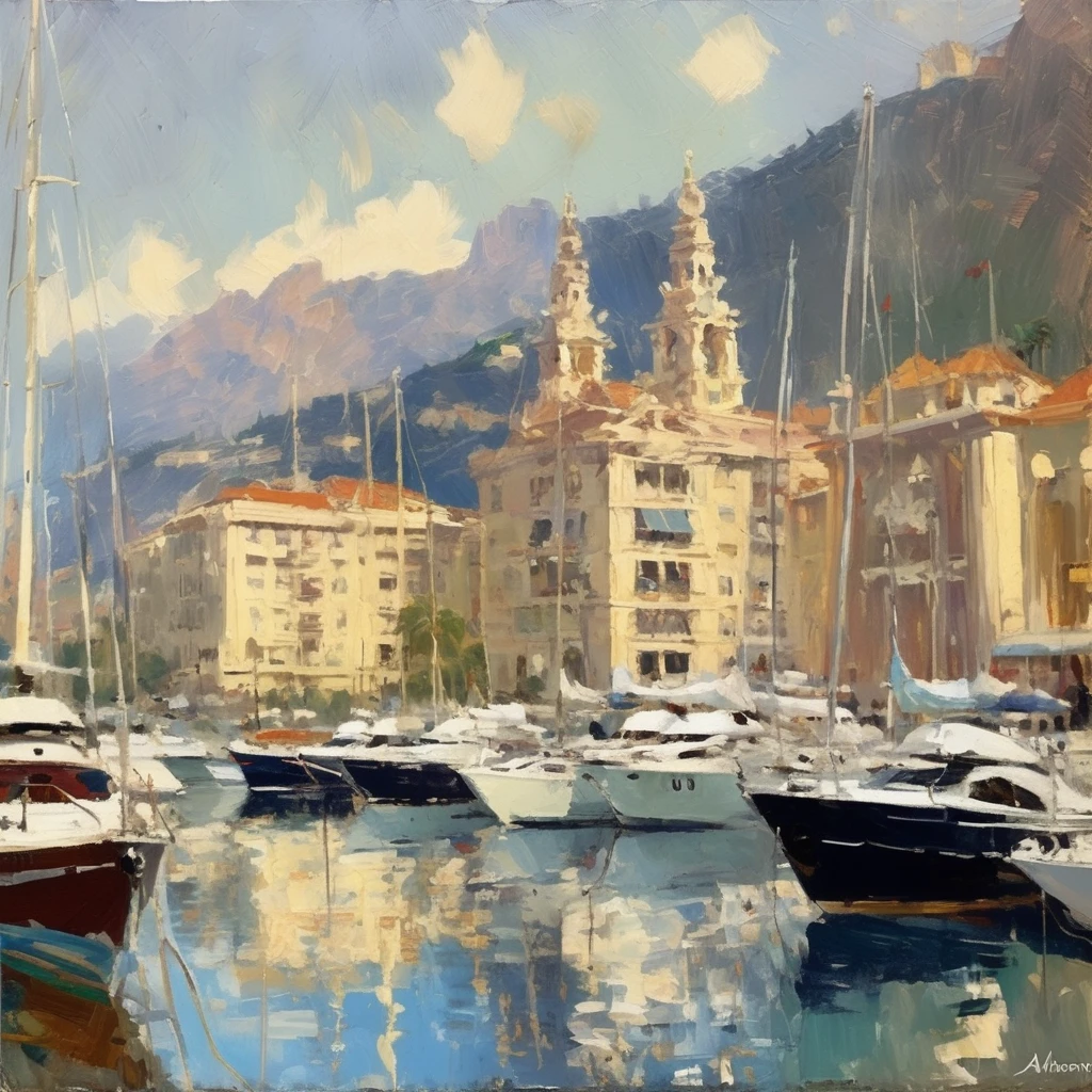 Konstantin Korovin Style - oil painting of a beautiful yacht haven in monaco. Muted colors. Artwork by Abbott Handerson Thayer.