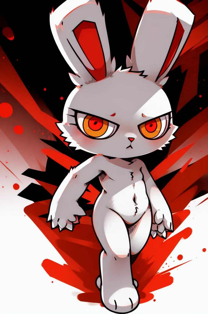 1girl, furry, nude, bunny, red pupils,orange eyes, white_fur, solo, chibi, Bloody Bunny, feets with three toes, full body, detailed face, detailed eyes, detailed body fur, glistering body, shiny body, gorgeous body,