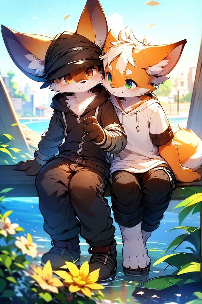by Kenket, Ross Tran, Luan Jia, Zausch, fox, by Zachary911, Hyatt Wren, Terran, by fumiko, From Pixelsketcher, Bayard Wu, Thomas Benjamin Kennington, Einshelm, Written by Kirina, From Coffeesoda, by Hioshiru, From fluff-kevlar, Goodbye r-mk, By dimwitdog, duo, Men and women, On the balcony, (A woman wearing a white logo hoodie and black pants), (A man wearing a white logo shirt and black pants), Embrace, Ocean Background, modern city background