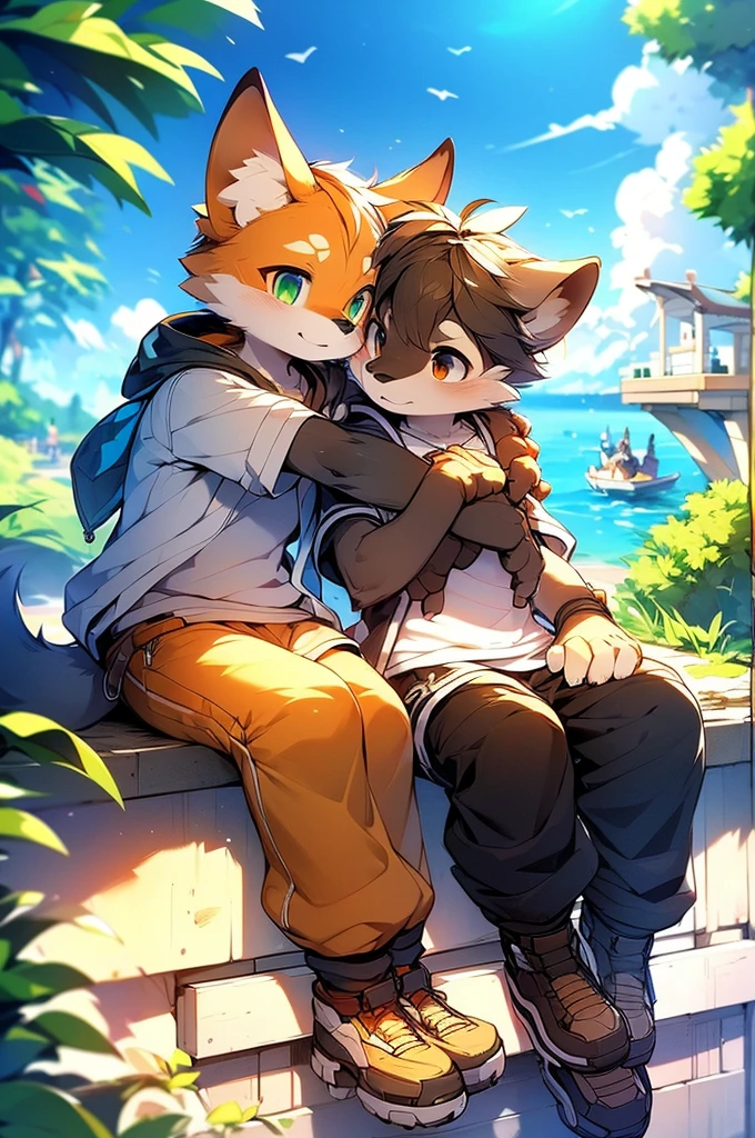 by Kenket, Ross Tran, Luan Jia, Zausch, fox, by Zachary911, Hyatt Wren, Terran, by fumiko, From Pixelsketcher, Bayard Wu, Thomas Benjamin Kennington, Einshelm, Written by Kirina, From Coffeesoda, by Hioshiru, From fluff-kevlar, Goodbye r-mk, By dimwitdog, duo, Men and women, On the balcony, (A woman wearing a white logo hoodie and black pants), (A man wearing a white logo shirt and black pants), Embrace, Ocean Background, modern city background