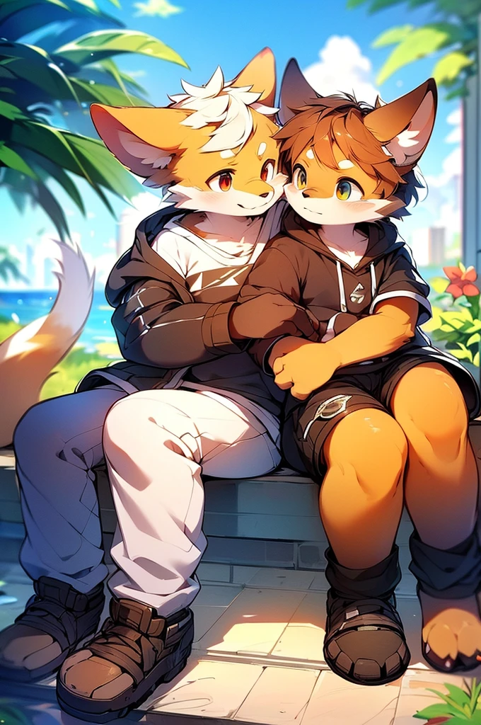 by Kenket, Ross Tran, Luan Jia, Zausch, fox, by Zachary911, Hyatt Wren, Terran, by fumiko, From Pixelsketcher, Bayard Wu, Thomas Benjamin Kennington, Einshelm, Written by Kirina, From Coffeesoda, by Hioshiru, From fluff-kevlar, Goodbye r-mk, By dimwitdog, duo, Men and women, On the balcony, (A woman wearing a white logo hoodie and black pants), (A man wearing a white logo shirt and black pants), Embrace, Ocean Background, modern city background