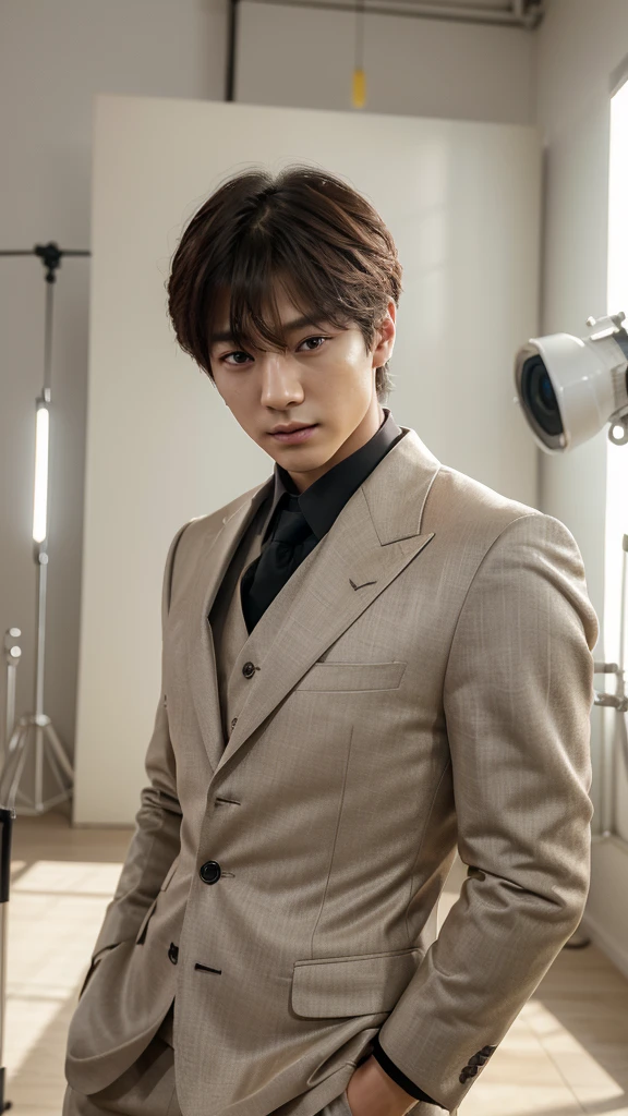 a beautiful young korean man, jeon jungkook, from the popular kpop group bts, extremely detailed eyes and face, longeyelashes, elegant facial features, soft skin, delicate and handsome, fashionable outfit, indoor studio setting, dramatic lighting, cinematic, hyperrealistic, 8k, best quality, masterpiece