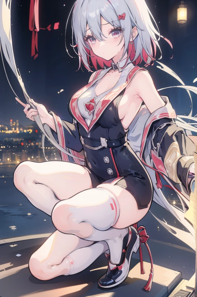 Anime Girls with white hair and red bow sitting on the ground, Sailor dress, Cute girl anime visuals, an Anime Girls, cute Anime Girls, , young Anime Girls, Anime Best Girl, (Anime Girls), pretty Anime Girls, White Hair Girl, beautiful Anime Girls, Anime Girls、White background、Full-body portrait、Brown boots、Red Eyearine color dress、Knee-high socks