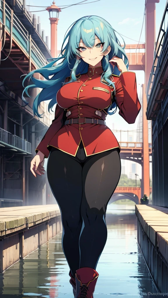 High detailed, 1 anime girl, celeste-blue hair, playful expression, pit Black eyes, 2 toned hair, large hair, large smile, soviet uniform, big And round buson, large Bridge in background, chunky body, walking pose