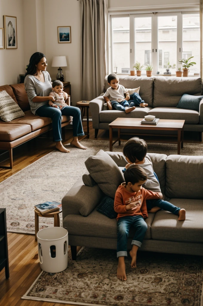 A woman sitting in her living room, with his 2 small children